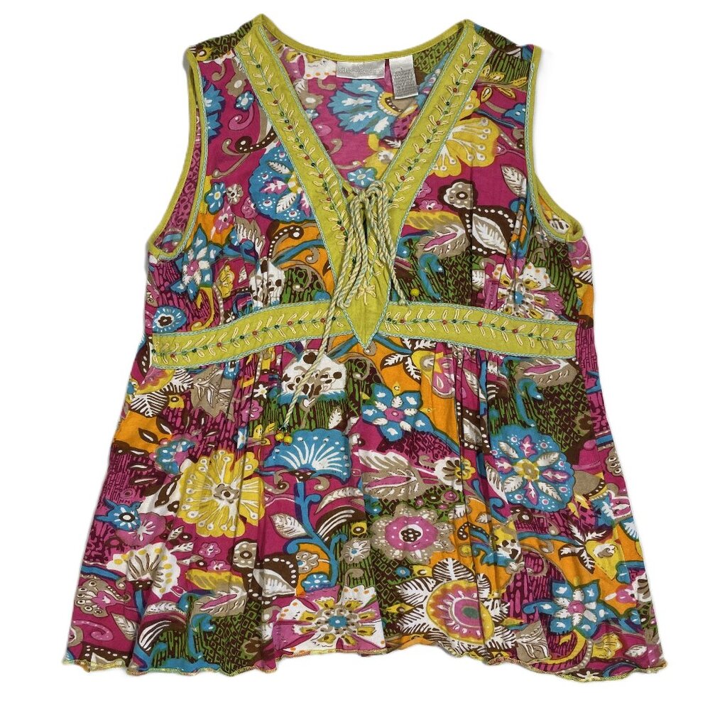 Soft Surroundings Top Large Embroidered Beaded Sleeveless Tropical Floral Resort